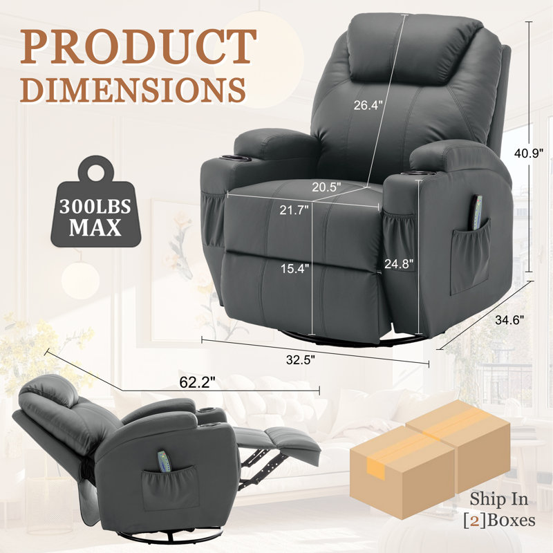 Recliner Chair,Recliner With Heat And Massage, 360°Swivel Recliners, Rocker Recliner With Cup Holders And Side Pockets, Gray