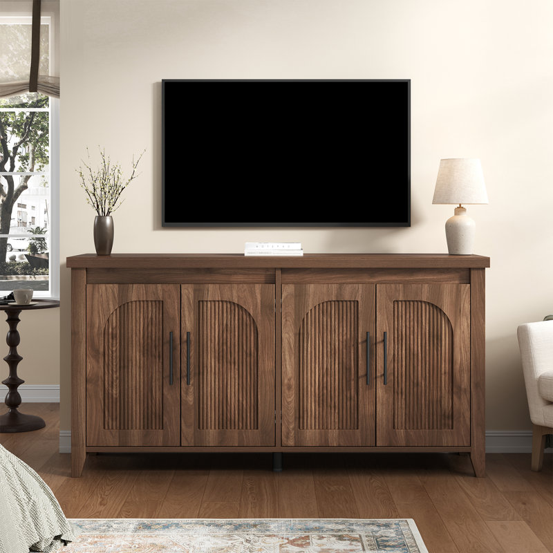 Buffet moderne de 160 cm avec rangements cannelés, meuble de rangement en bois avec étagères réglables, console multifonctionnelle pour cuisine, salle à manger, entrée, noyer