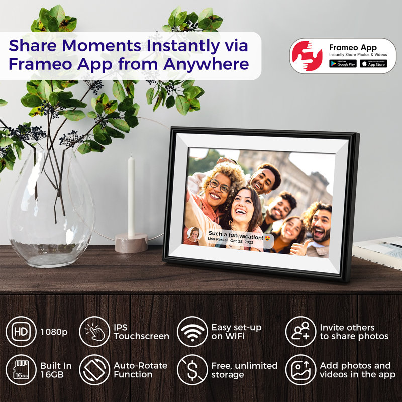 Frameo 10.1" WiFi ELIME Digital Picture Frame - Auto Rotate - Free Unlimited Storage, Micro SD Slot, Midnight Black