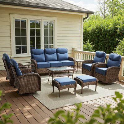 Alakai 7-9 Person Outdoor Wicker Garden Party Conversation Set With Swivel Chairs, Sofa, Ottomans And Tables