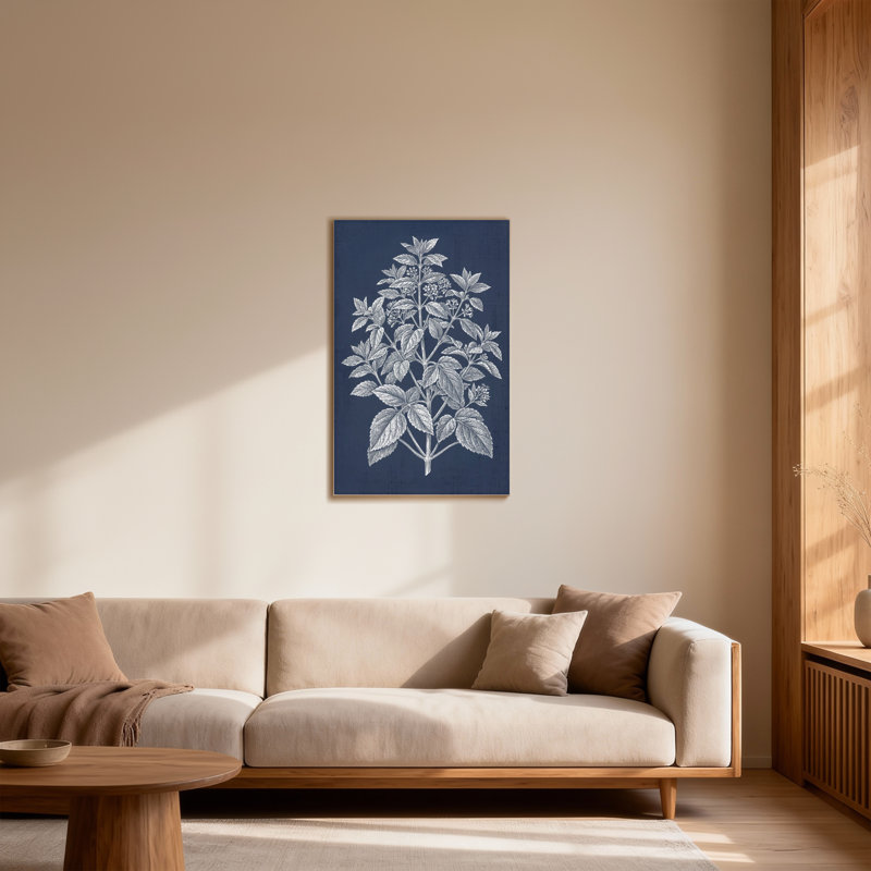 Plantes et fleurs à feuilles argentées sur fond bleu marine, H 48 po x l 32 po