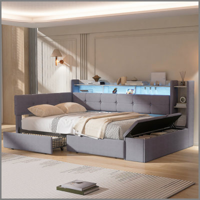 Lit de jour simple rembourré avec repose-pieds et tablettes, avec deux tiroirs, charge USB et lumière DEL, gris