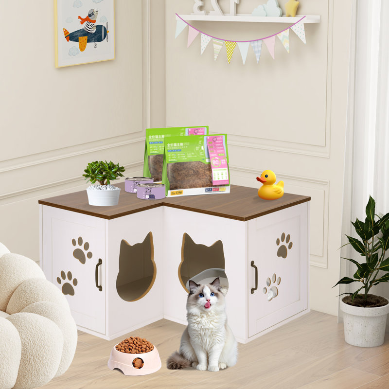 Enclos pour litière élégant pour chat Lit de coin caché pour animaux de compagnie Porte double et double entrée pour 2 chats