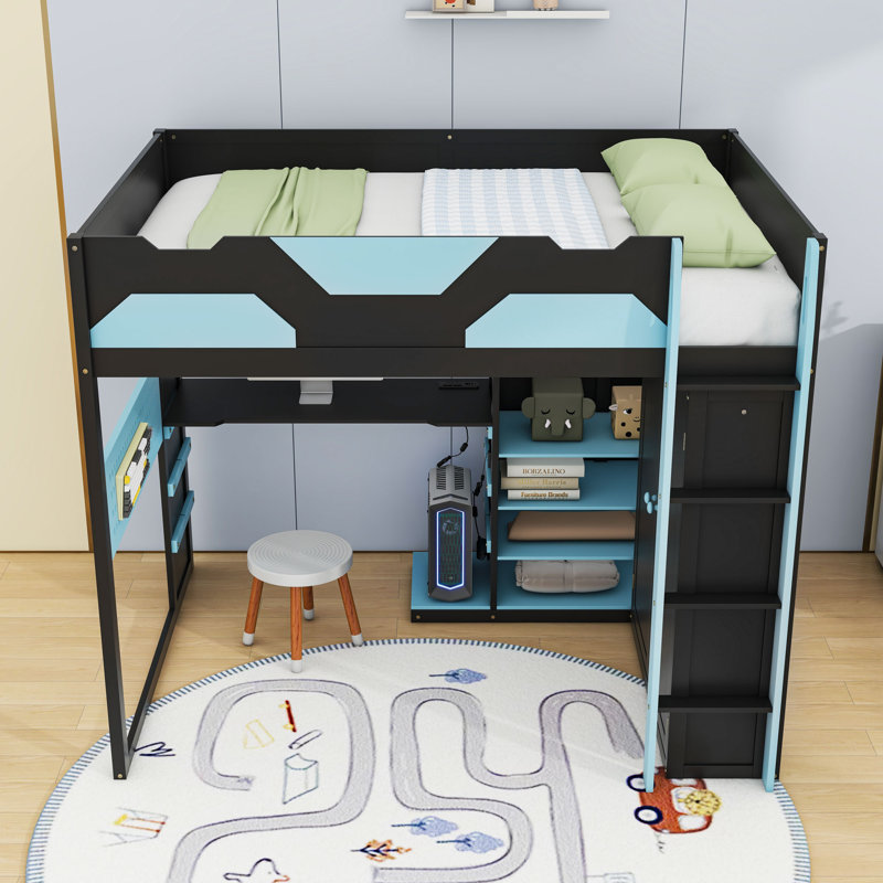 Full Wood Loft Bed With Adjustable Desk, Wardrobe, Charging Station And RGB LED Lighting, Cloud Blue