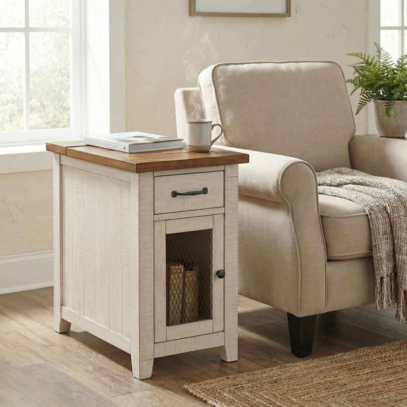 Jakendra Solid Wood End Table with Storage and Built-In Outlets, Honey Top/White Base