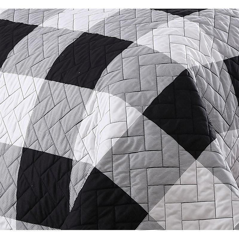 Buffalo Plaid Polyester Jersey Knit Plaid Quilt, Twin Quilt + 1 Sham + 2 Throw Pillows, Black/White
