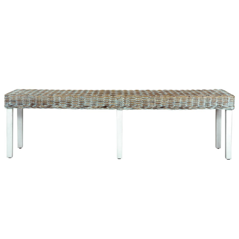 Bench Kitchen Dining Bench Natural Kubu Rattan and Solid Mango Wood, Light Gray/White