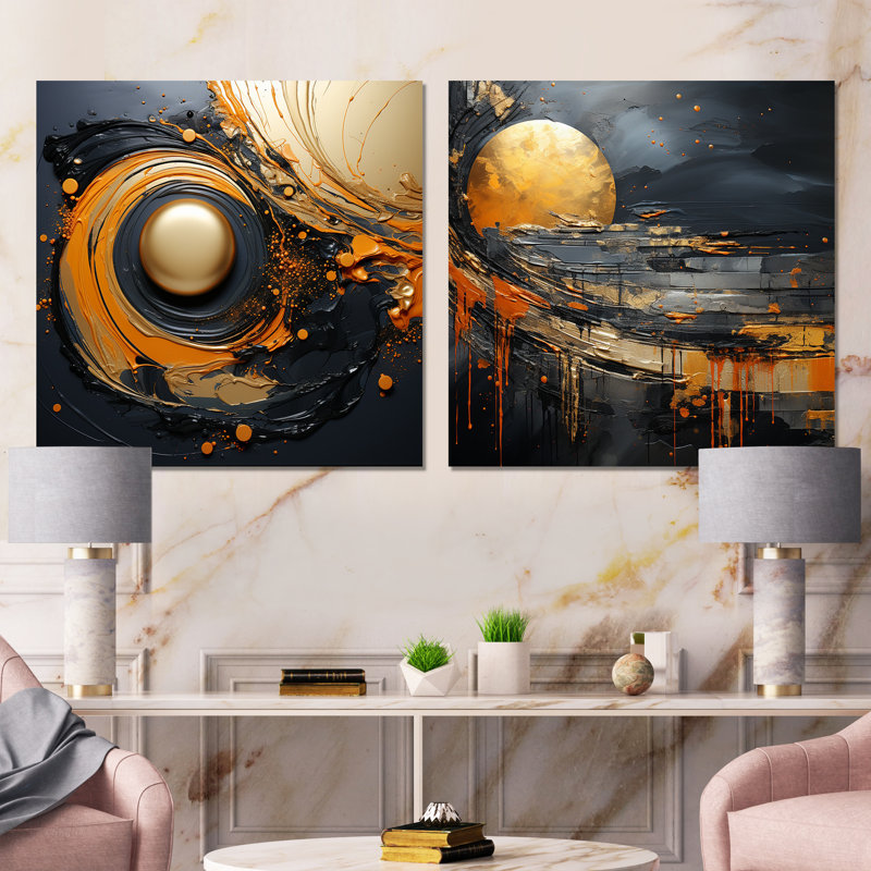 Ensemble de salon mural noir et orange en forme de lune I - formes abstraites modernes, Toile tendue