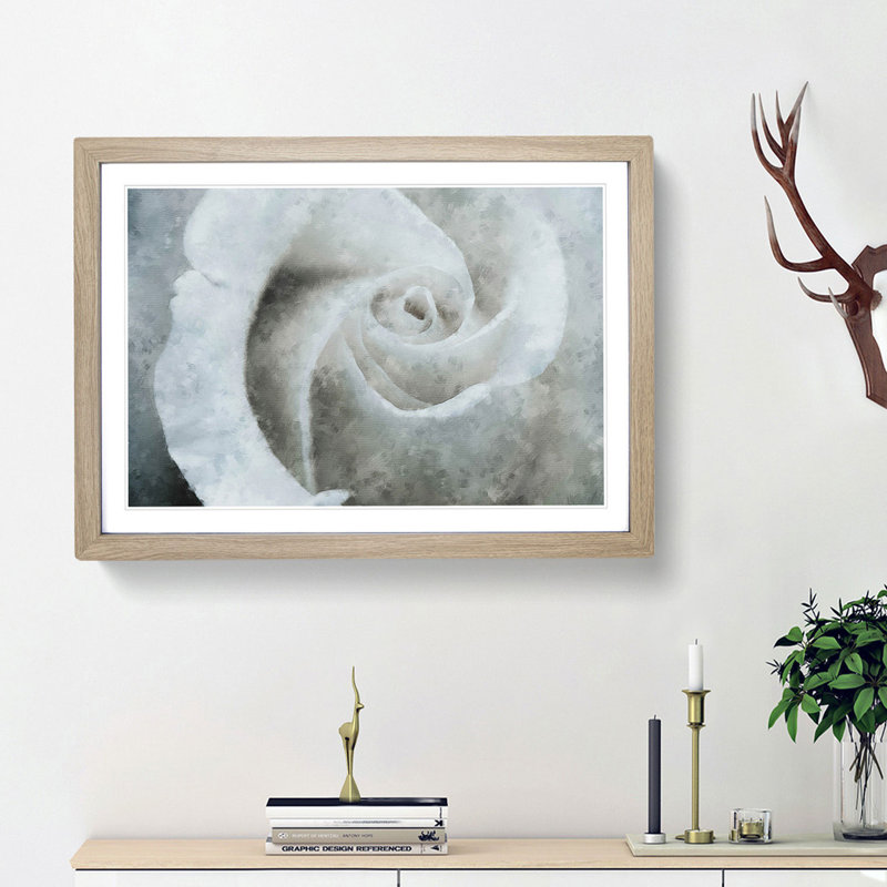 White Rose - Single Picture Frame Painting on MDF, Oak Framed, 45cm H x 63cm W x 2cm D