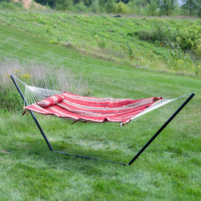 2-Person Polyester Rope Hammock and stand set with Removable Quilted Pad and Pillow - Awning Stipe