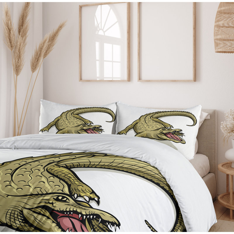 Twin White Navy Reptile Duvet Cover Set with Pillow Sham