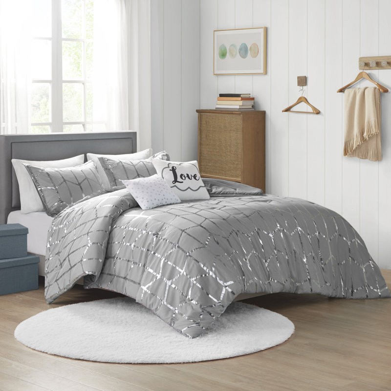 King Grey and Silver Microfiber 5-Piece Comforter Set