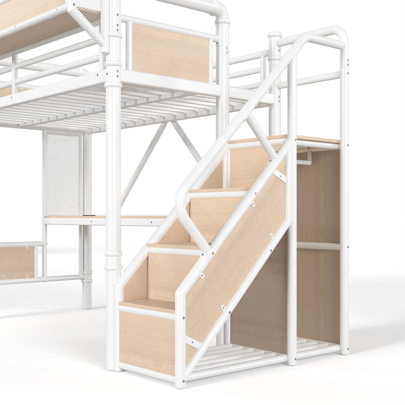 Lit mezzanine industriel en métal avec bureau intégré et escalier de rangement