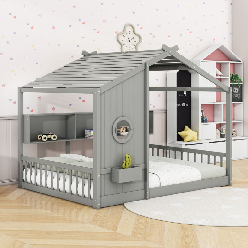 Lit en bois avec toit et tablettes de rangement, gris, Double