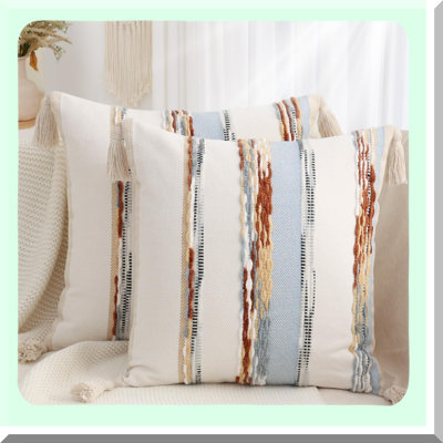 Boho Farmhouse Tufted Pillow Covers Set - Cozy Decorative Tassel Cushion Cases for Couch Sofa Bedroom Home Decor - Blue Pack of 2