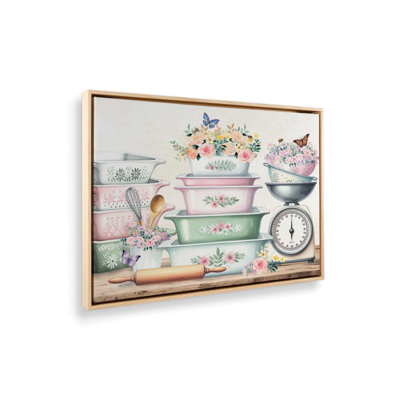 «In the Kitchen Floral Pans & Scale» par Nicole DeCamp, reproduction d'art, L 24 po x H 18 po, Tanné, Toile avec cadre