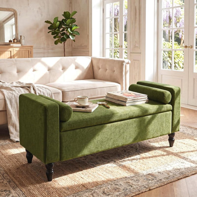 Upholstered Storage Bench with Two Pillows and Arms, Button-Tufted End of Bed Bench for Living Room, Bedroom, Entryway