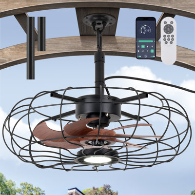 20-Inch Outdoor Plug-In Hanging Caged Ceiling Fan with LED Light, Remote and App Control, Black
