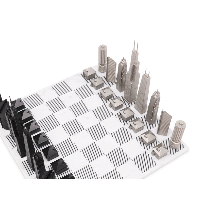 Stainless Steel CHICAGO Chess Set with Marble Hatch Board