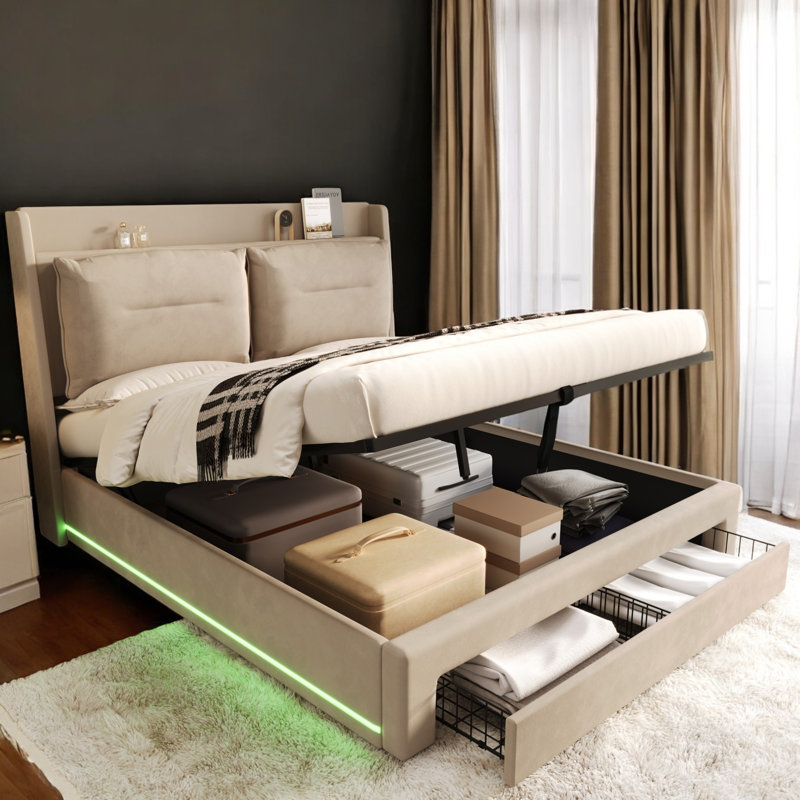 Cheveyo Upholstered Ottoman Bed With 2-in-1 Storage Drawers, Beige, Double