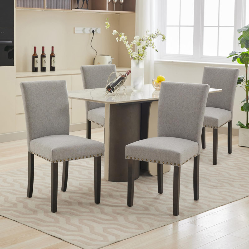 Set of 4 Modern Upholstered Dining Chairs - Parsons Style, Nailhead Trim, Sturdy Wood Legs, Padded Linen Seat,4PCS Linen | Grey