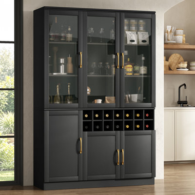 Armoire à vin de 180 cm de haut, casier à 14 bouteilles, portes vitrées et étagères de rangement, style transitionnel moderne, idéale pour la cuisine, la salle à manger ou le bar.