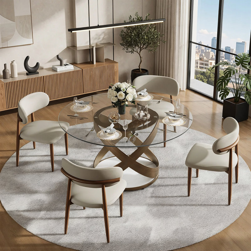  Table de salle à manger ronde moderne avec base à piédestal, base en acier au carbone pré-assemblée, Bronze, Transparent