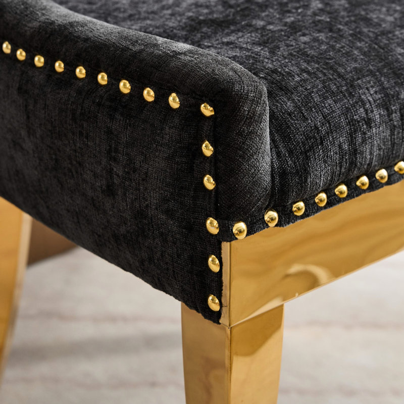 Chaises de salle à manger en chenille noire dans un style moderne, de 2 avec mousse et ressorts de haute qualité, élégantes pattes arrondies à garniture dorée pour un décor de chambre chic