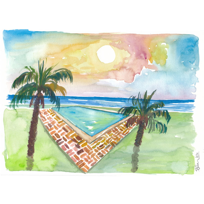 Piscine à débordement avec vue sur la mer des Caraïbes par Martina Bleichner - Peinture, H 24 po x l 32 po, Toile tendue