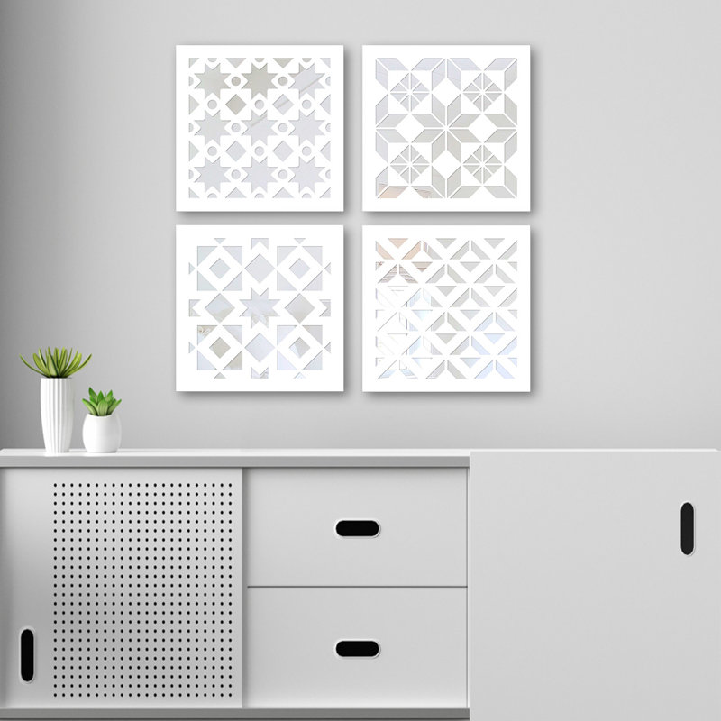 Ensemble de miroir élégant (4 pièces), finition argentée, 7,9 po x 7,9 po | 100% verre avec motif de fibres à densité moyenne de 0,12 pouce découpé au laser | Conception facile à suspendre au mur | Parfait pour la décoration intérieure, le salon et la chambre à coucher
