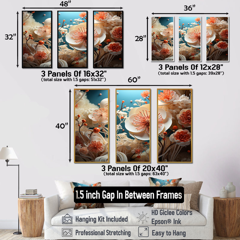 Ensemble de salon Floral Symphony - Coastal Coral Under Water, Cadre flottant doré, H 40 po x l 60 po x P 1 po