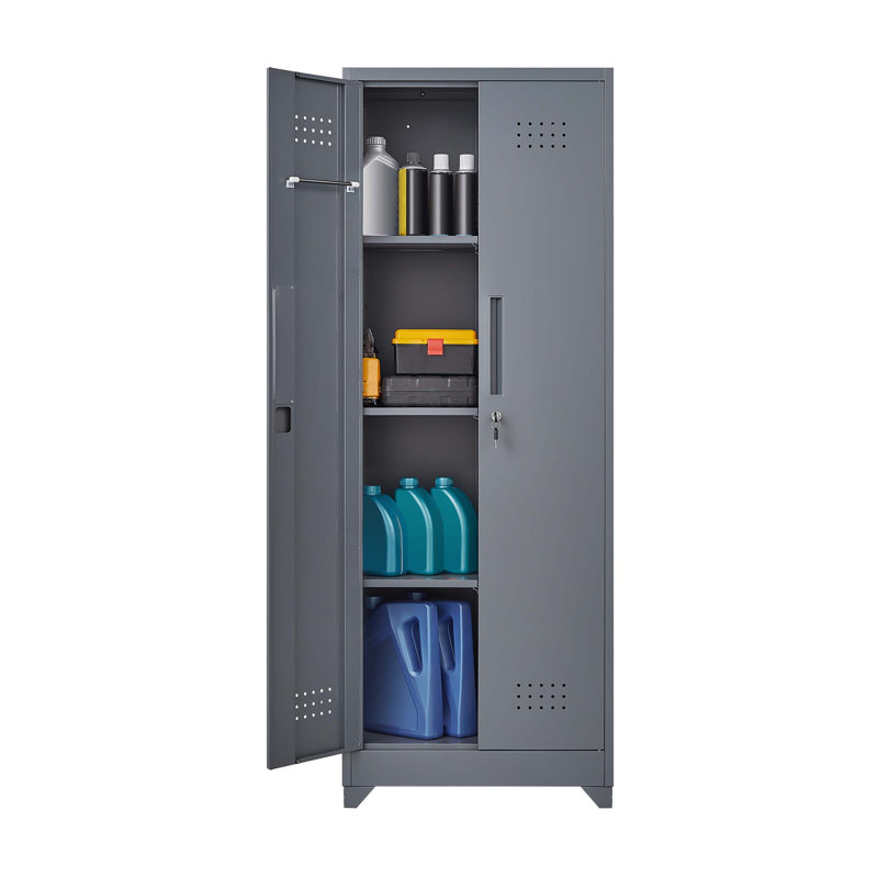 Armoires de rangement en métal durable avec porte verrouillable, grand porte-balai et tablettes réglables pour une utilisation polyvalente dans la cuisine, le garde-manger, le bureau et le garage