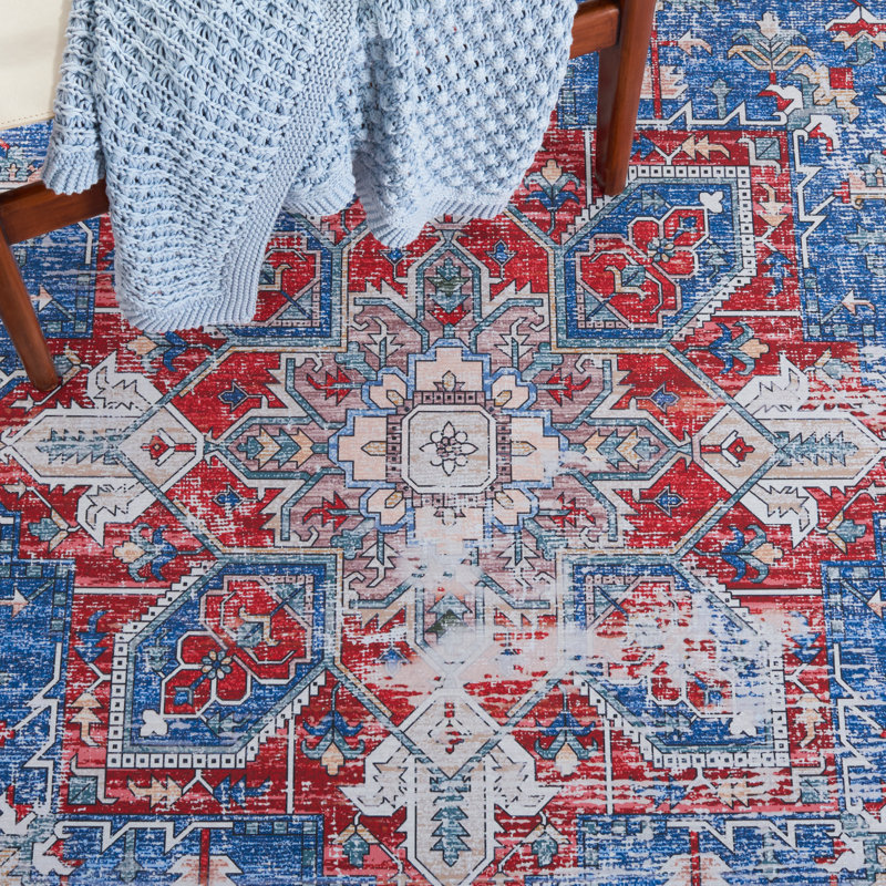 Sonia Oriental Blue/Red Area Rug, Square 3'
