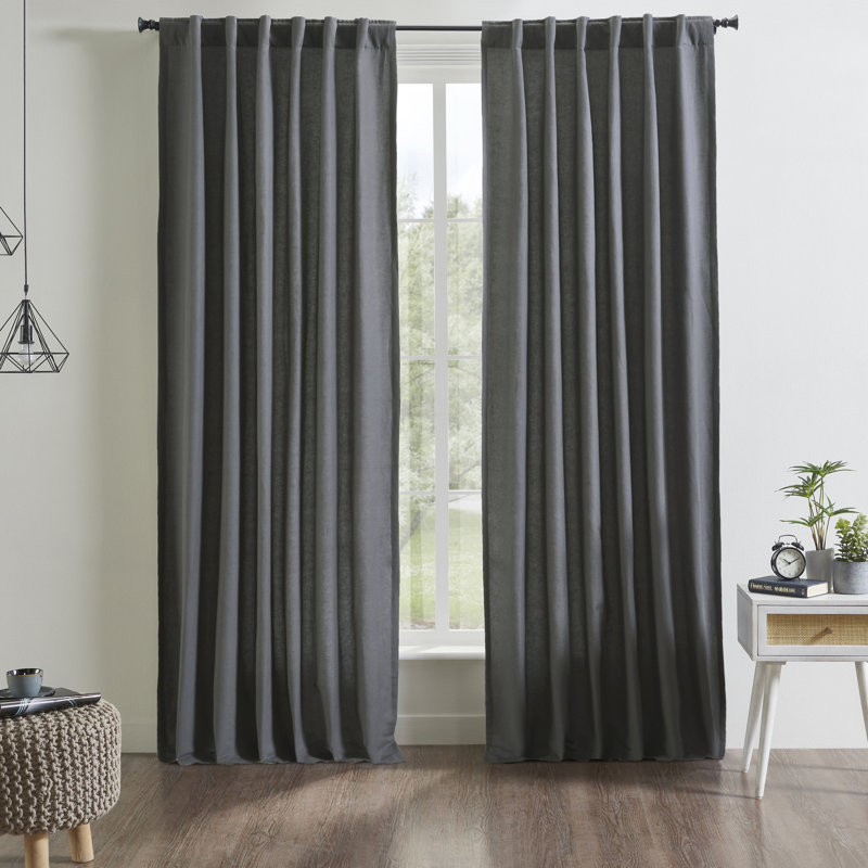 Janice Solid Linen Cotton Lined Curtain Panel with Rod Pocket Hidden Back Tabs, Mosaic Blue, 51" W x 96" L