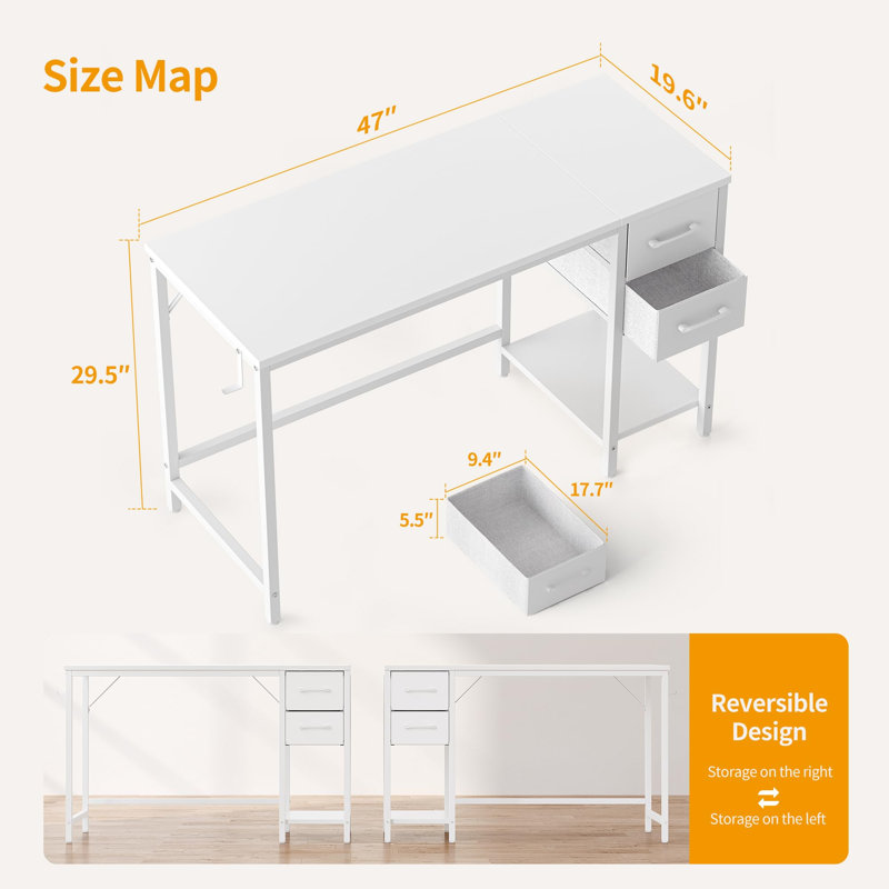 Petit bureau à domicile de 47 pouces, Blanc pur