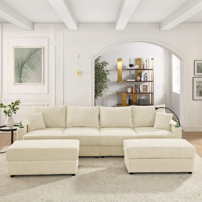 Canapé moderne en U avec rangement, avec repose-pieds, canapé profond avec porte-gobelets et support pour téléphone, canapé en velours côtelé pour le salon