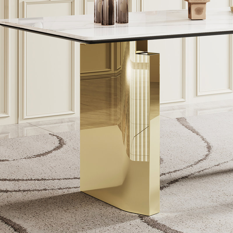 Table de salle à manger rectangulaire dorée avec plateau en verre trempé composite de 12 mm d'épaisseur de 0,47 po et base en acier inoxydable, pour repas de famille réguliers, profondeur de 70,37 po, largeur de 30,83 po, hauteur de 29,08 po,