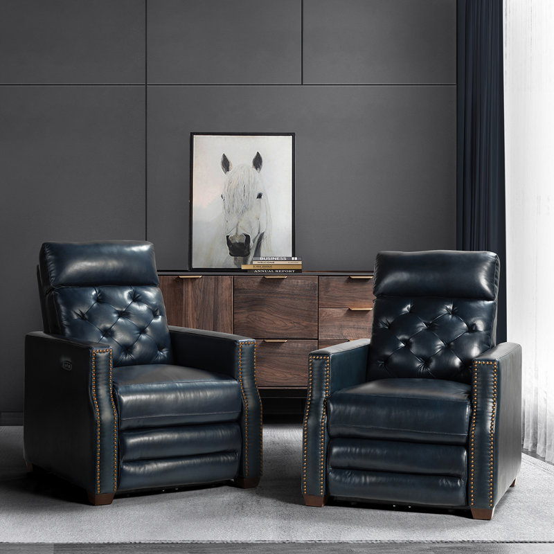 Gumesindo 31.50" Wide Genuine Leather Power Recliner, Navy  Genuine Leather