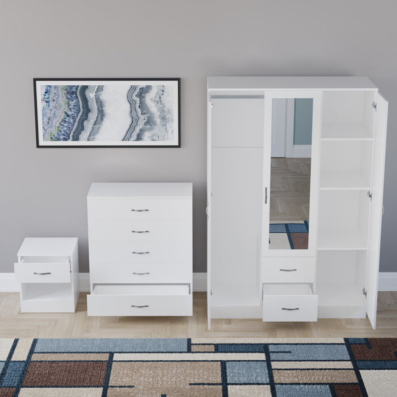 Maybery 3 Piece Bedroom Set (1 Drawer Bedside Chest, 5 Drawer Chest, 3 Door 2 Drawer Mirrored Wardrobe), (5), White