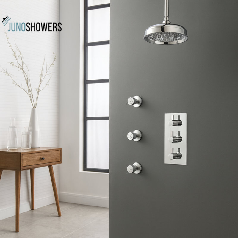 Système de douche thermostatique Juno avec pomme de douche ronde à 3 jets de pluie