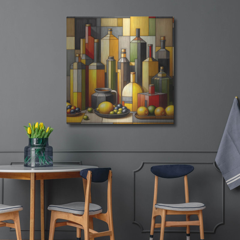  «Cubist Bottles And Lemons» par Rey Klimt, art mural en métal, 36 po x 36 po