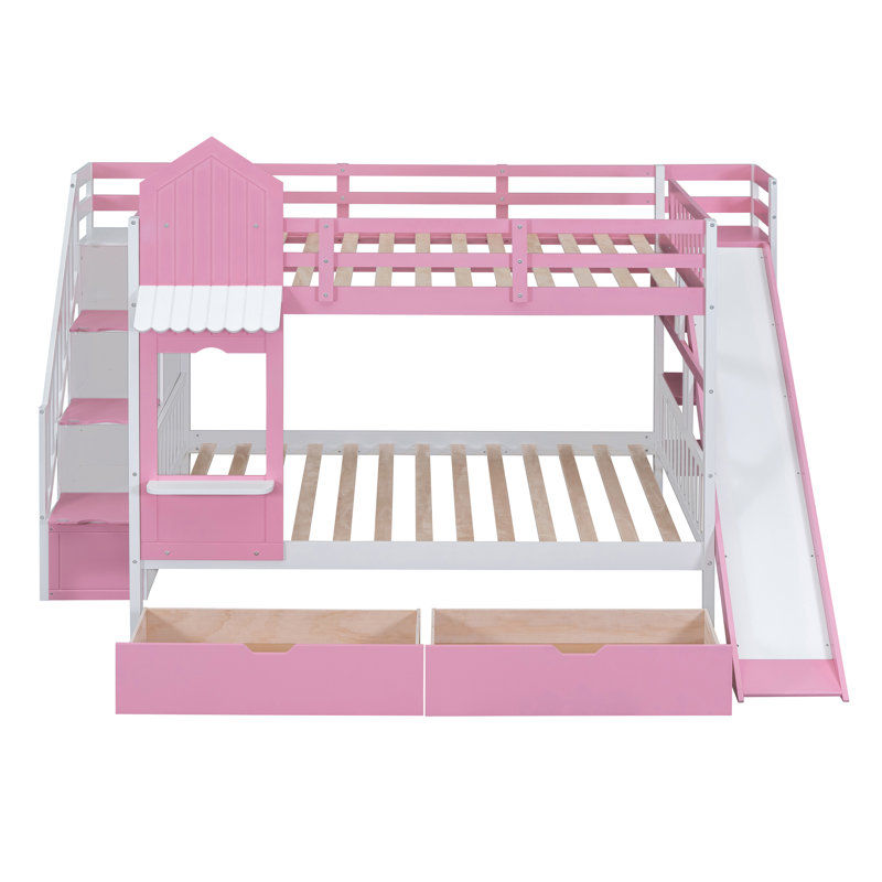 Lit superposé de style château double avec 2 tiroirs, 3 tablettes et glissière - rose, Lit superposé double sur double, Rose
