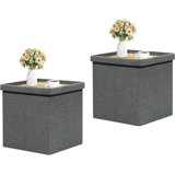 Storage Ottoman With Tray, Linen Small Coffee Table Folding Foot Rest Seat Cube, Dark Grey