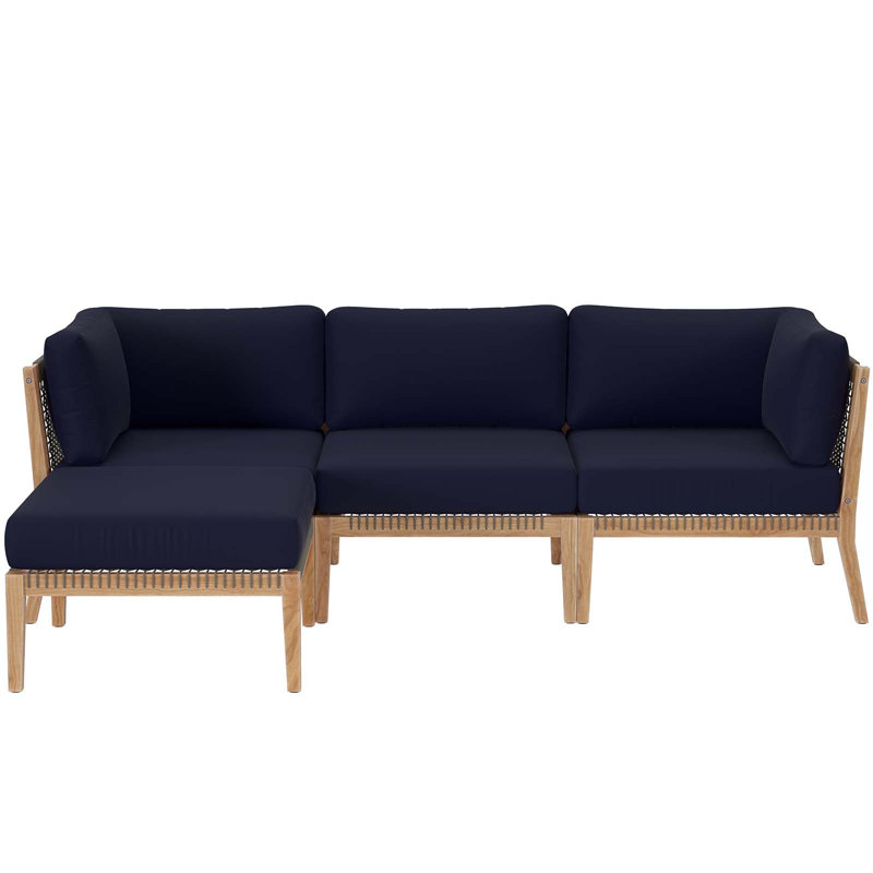 Modway Clearwater Outdoor Patio Teak Wood 4-Piece Sectional Sofa, Navy