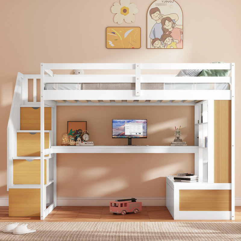 Lit mezzanine double avec bureau, tablettes, tiroirs - blanc et naturel magnifique et tablette, unité de rangement
