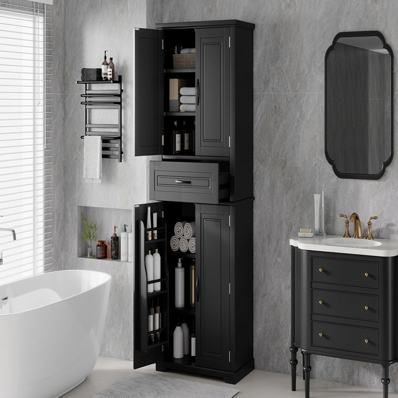  Armoire de rangement pour salle de bain avec espace de rangement multifonctionnel, tiroir avec glissières, tablette réglable, noir