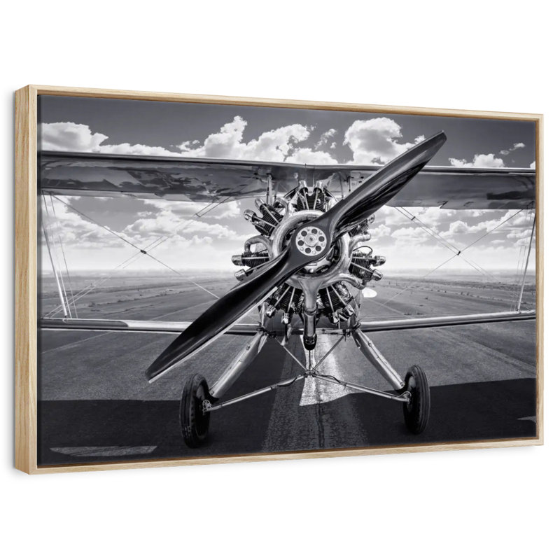 Avion rétro monochrome, Cadre flottant en bois naturel, 43 po x 29 po