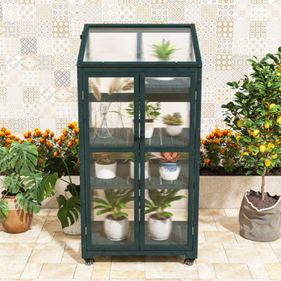 Portable Wooden Greenhouse Cold Frame with Adjustable Shelves, Wheels and Openable Roof