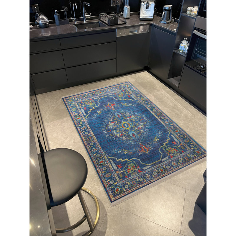 Tapis décoratif bleu marine multicolore à motif frangé, Rectangle 3 pi 11,24 po x 5 pi 10,87 po