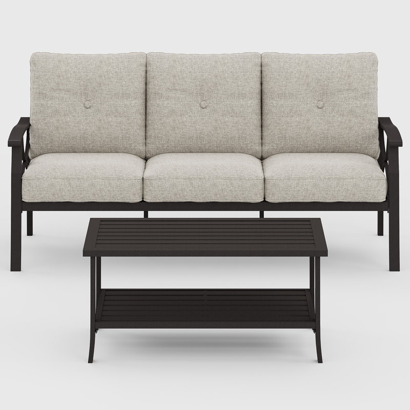 177.8cm Wide Straight Metal Sofa with Cushions, Khaki Cushion/Coffee Frame